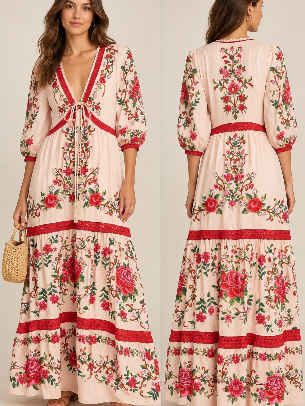 Farm Rio Floral Maxi Dress - Pink with Red Accents